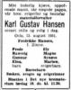 Hansen Karl Gustav dødsannonse 1951 0815 Aftenposten.jpg